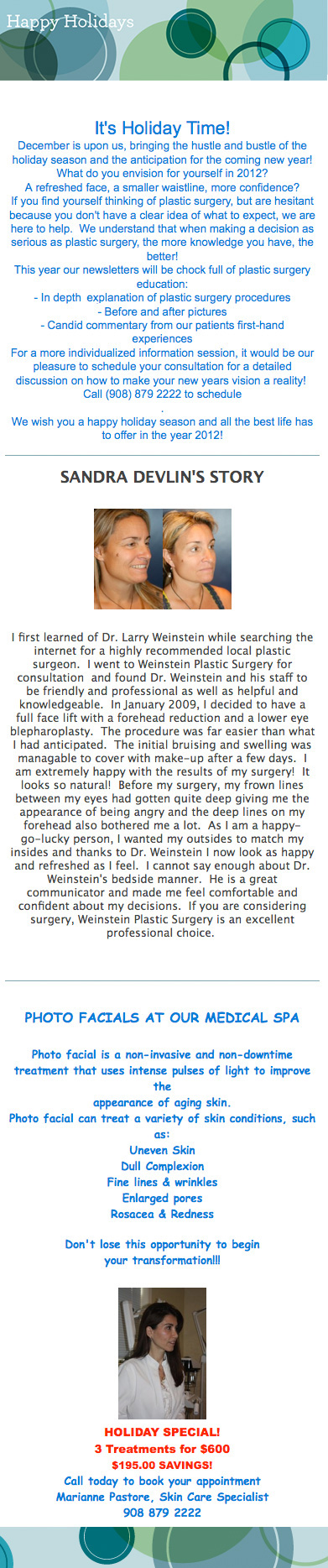 holiday newsletter 2011 from Weinstein Plastic Surgery